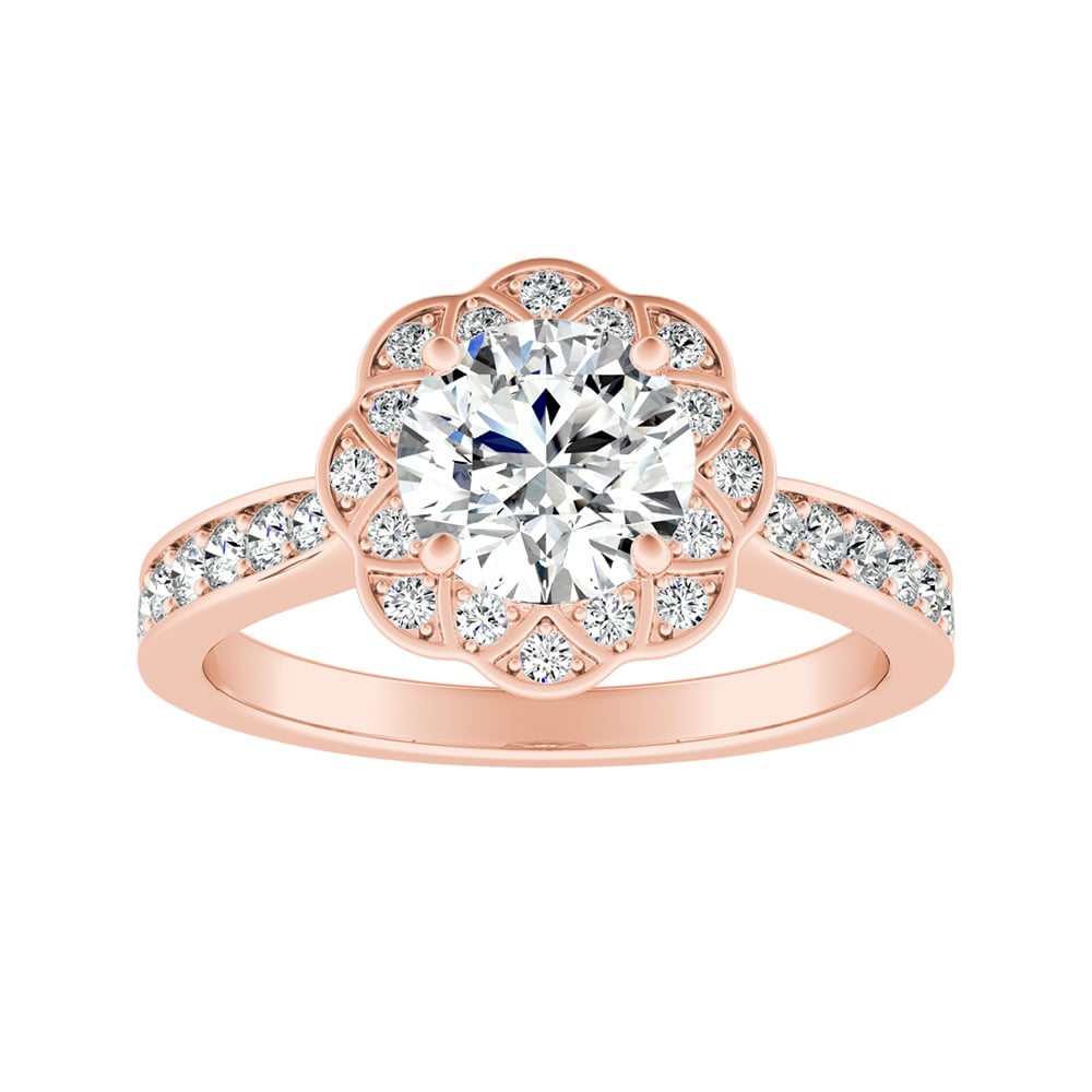 Round Diamond Floral Inspired Halo Engagement Ring With Bead-Set Pave Diamonds