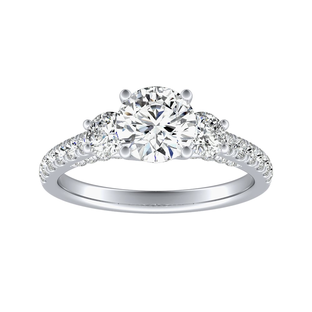 Round Diamond Three Stone Engagement Ring With Pave Accents