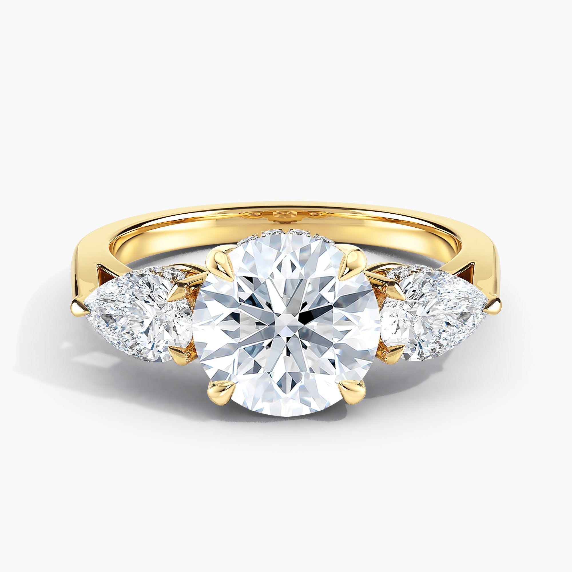 Round Diamond Three Stone Engagement Ring With Pears and Hidden Halo