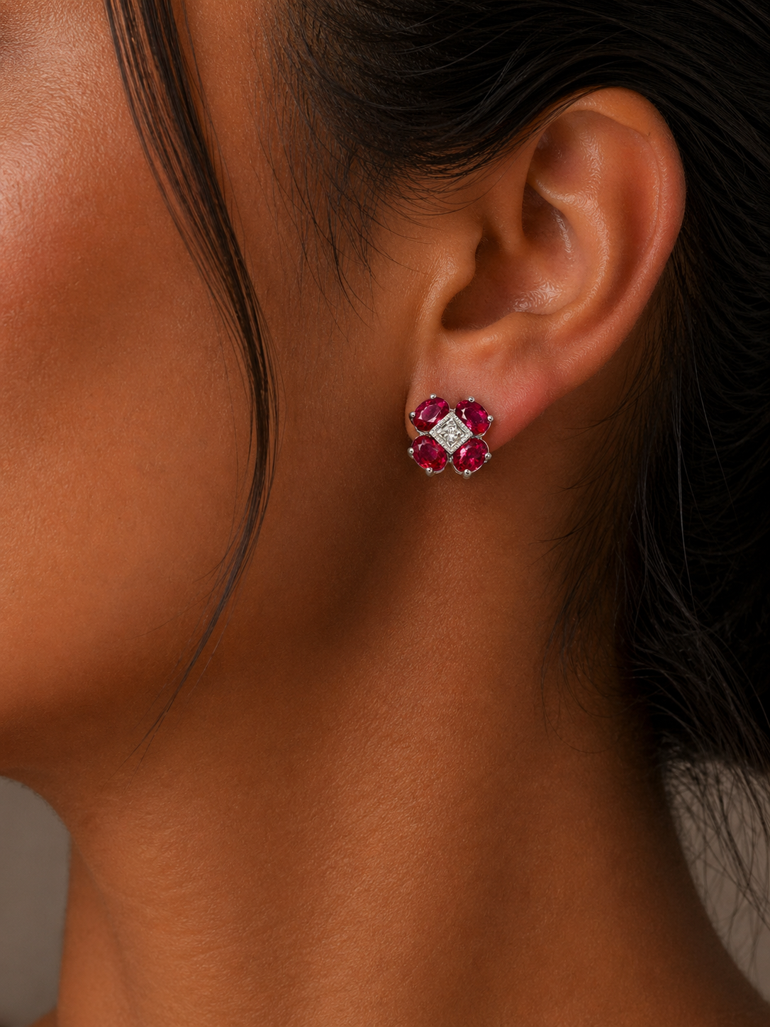 White Gold Ruby and Diamond Earrings
