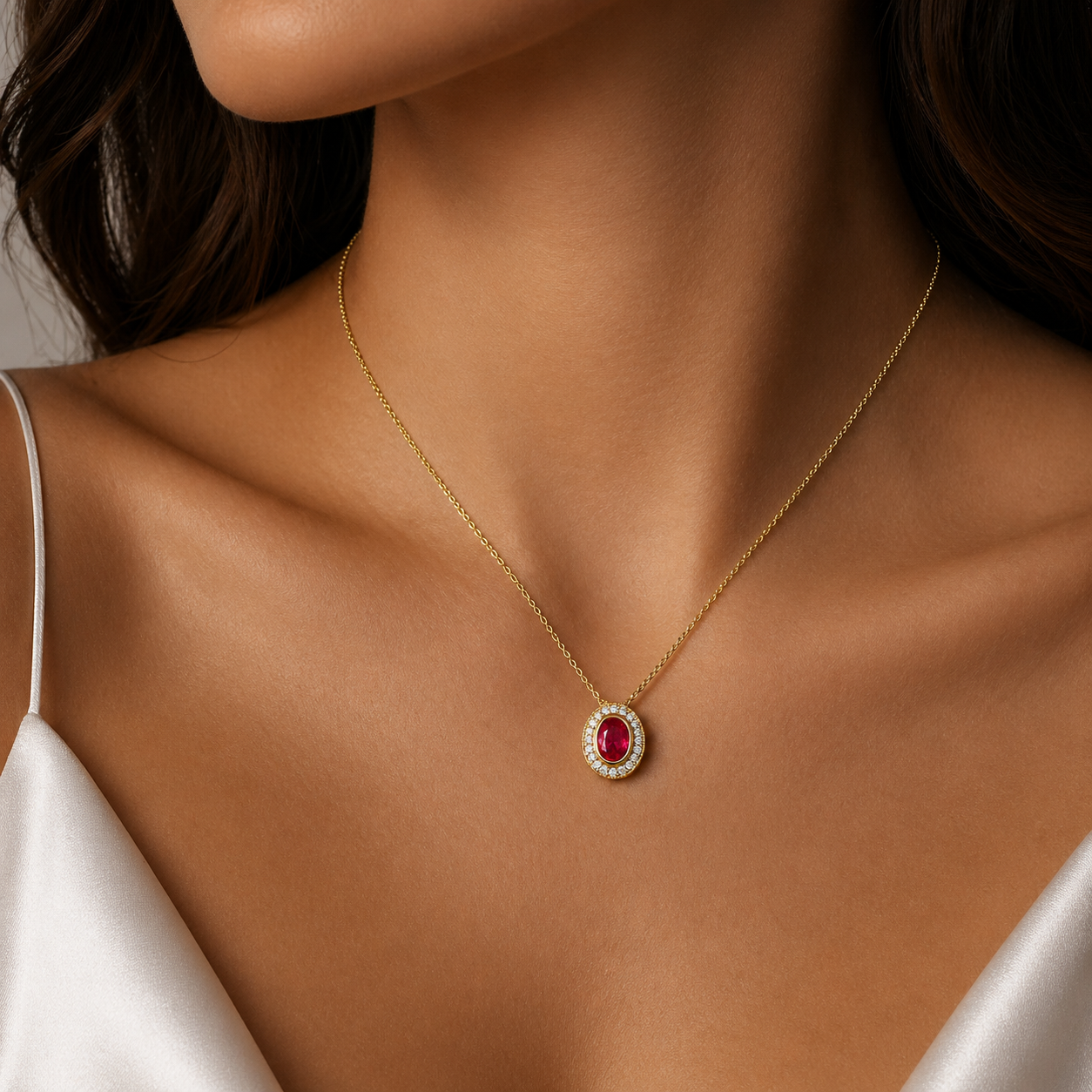 Yellow Gold Ruby and Diamond Halo Pendant