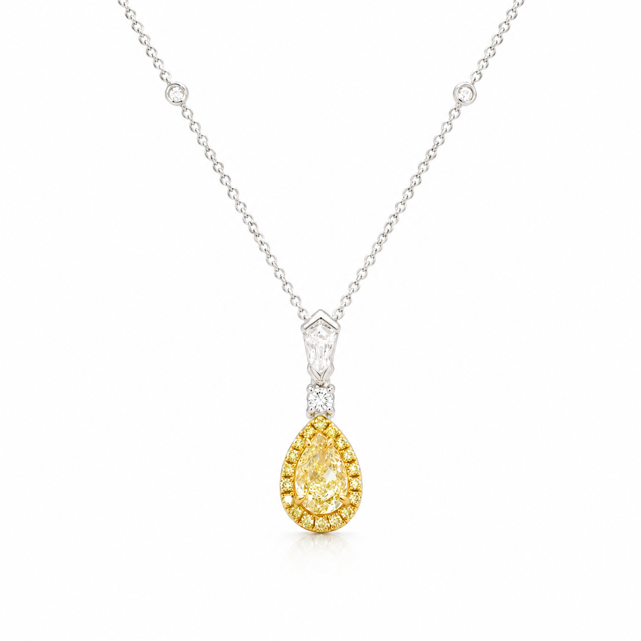 Yellow and White Gold Fancy Yellow Pear Shape Halo Necklace