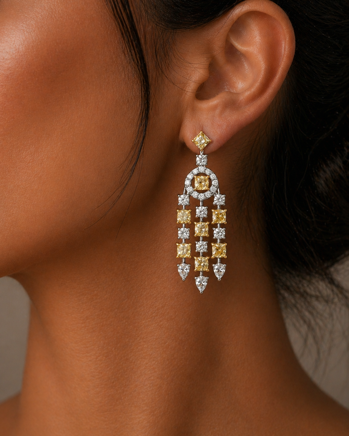 Yellow and White Gold Fancy Yellow and White Diamond Dangle Earrings