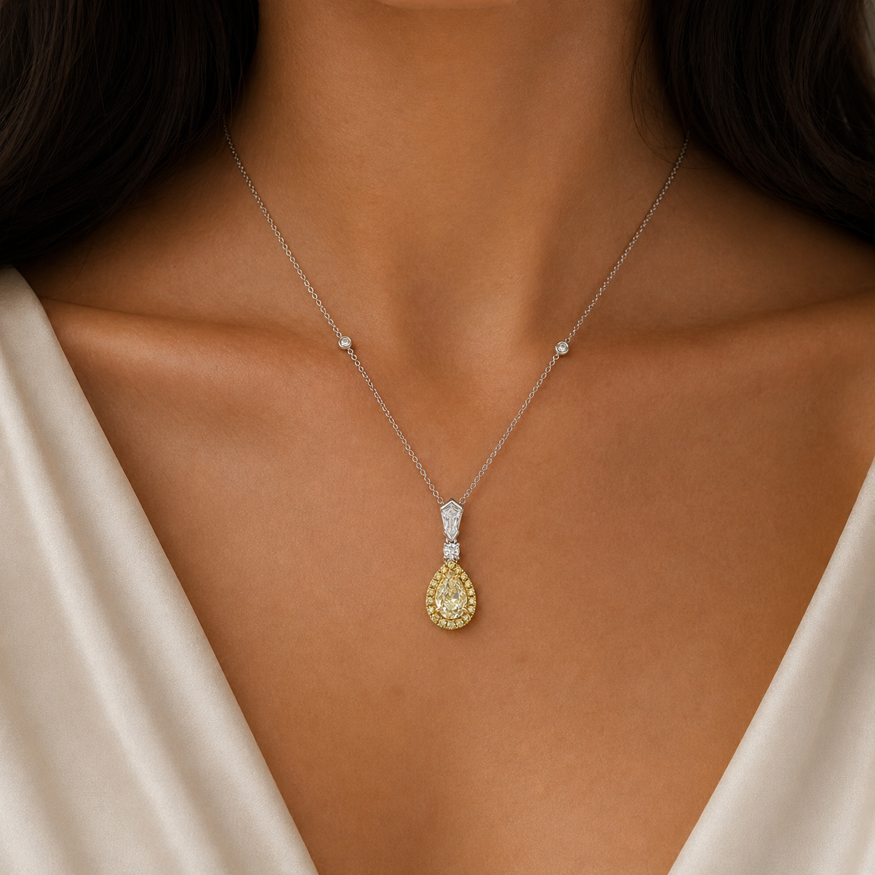 Yellow and White Gold Fancy Yellow Pear Shape Halo Necklace