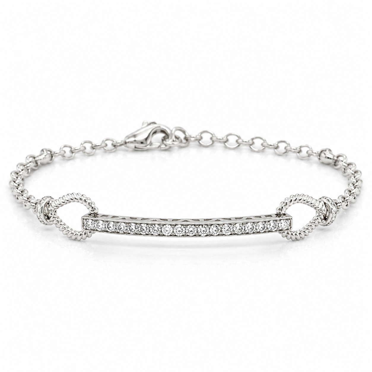 White Gold Diamond Bar Bracelet With Rope Design
