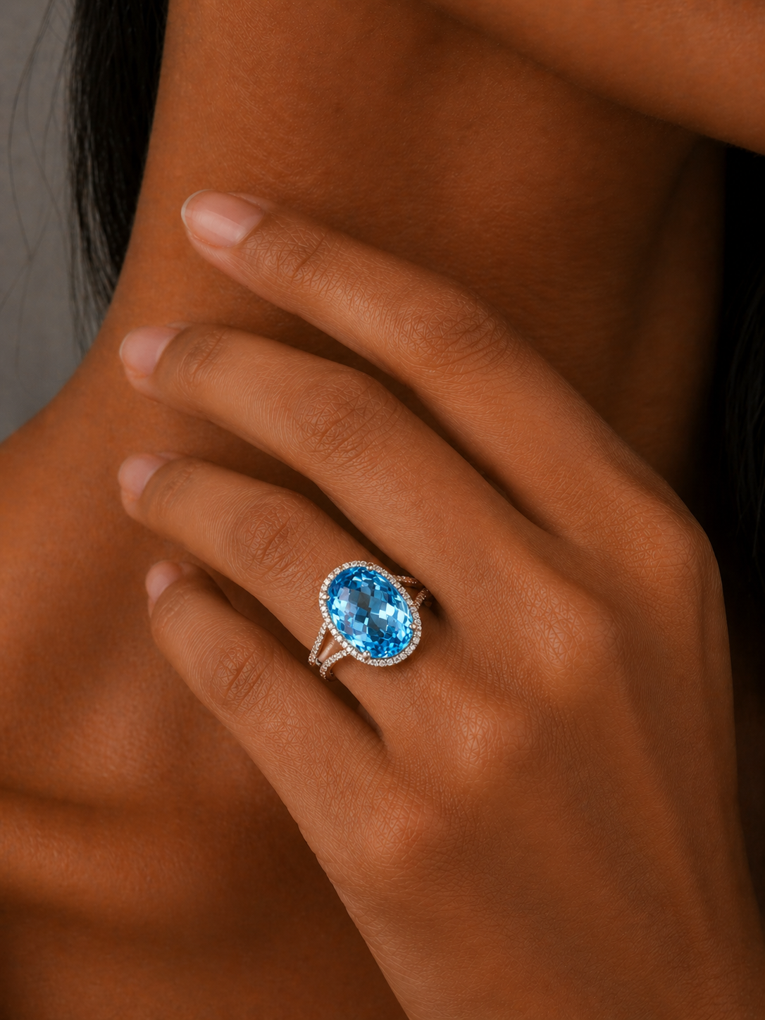 White Gold Blue Topaz Diamond Halo Ring