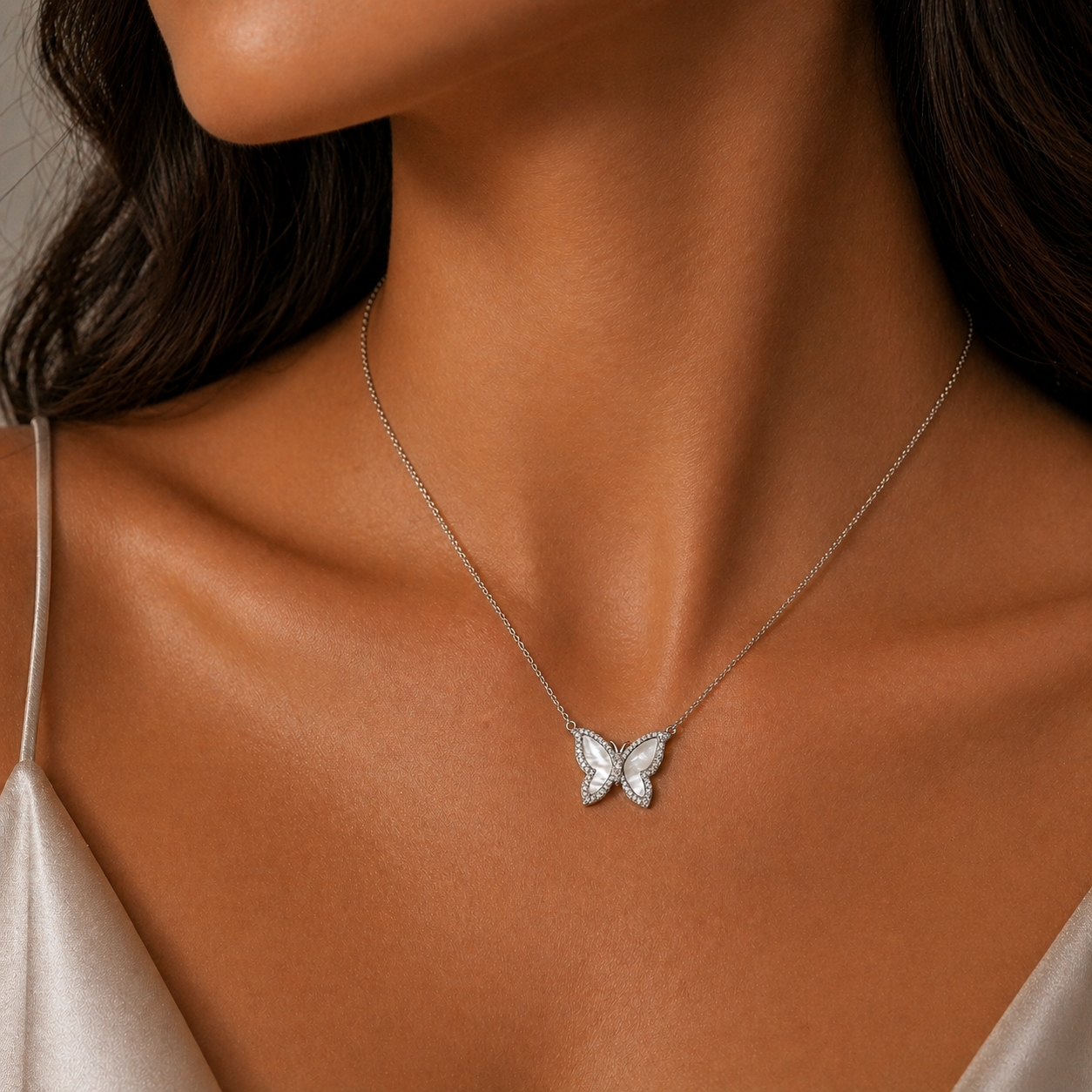 White Gold Mother of Peal and Diamond Butterfly Necklace