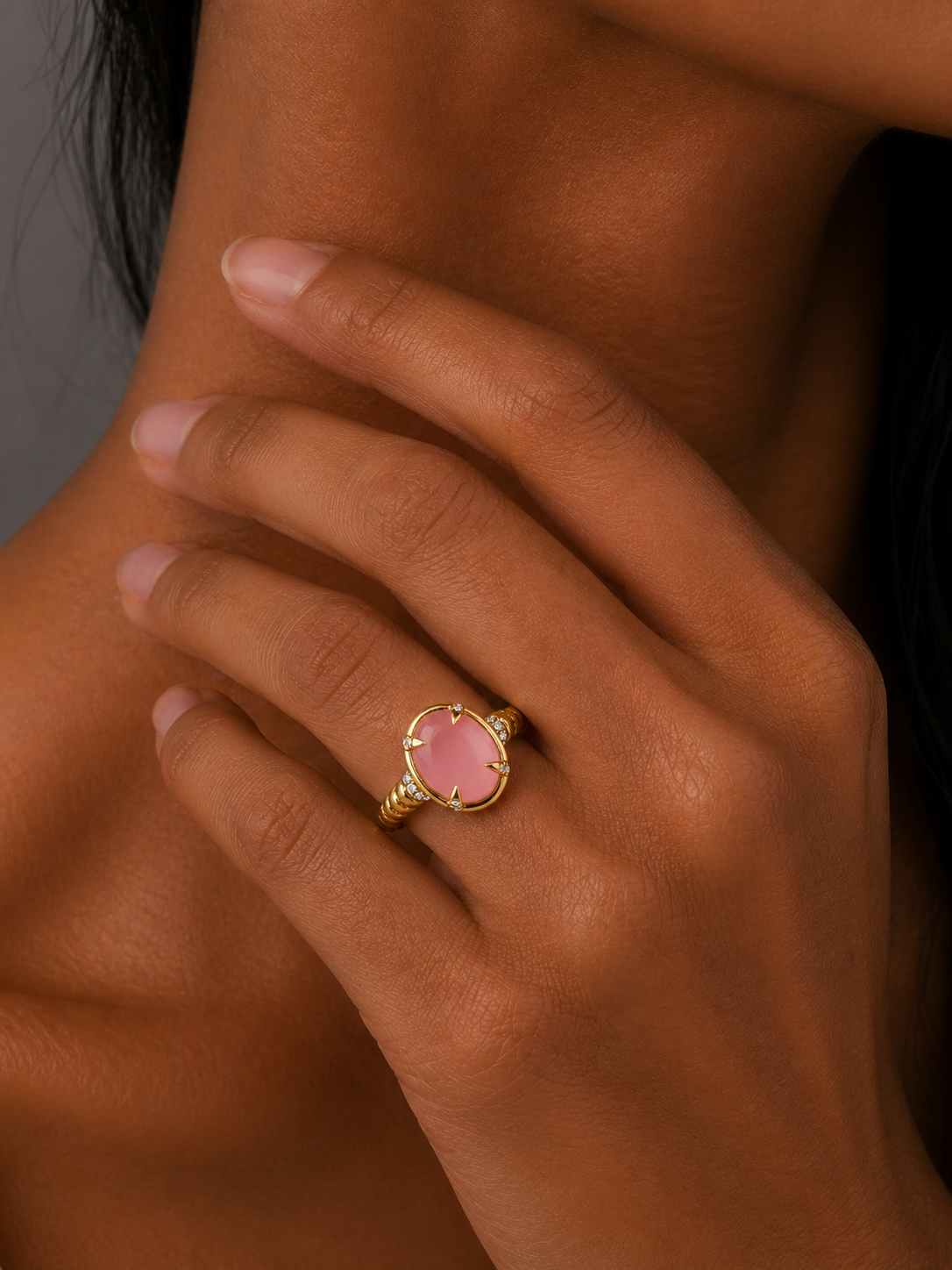 14K Yellow Gold Rose Quartz and Diamond Ring