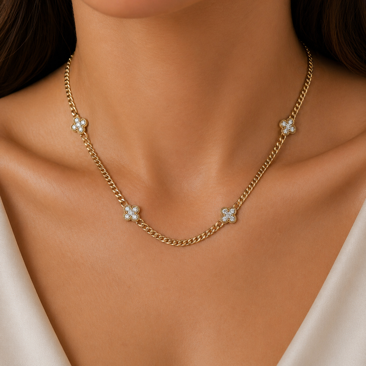 Yellow Gold Curb Link Chain With Diamond Accents