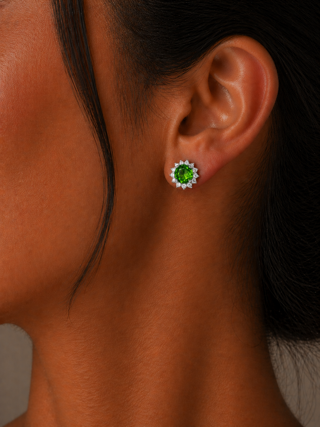 White Gold Chrome Diposide and Diamond Stud Earrings