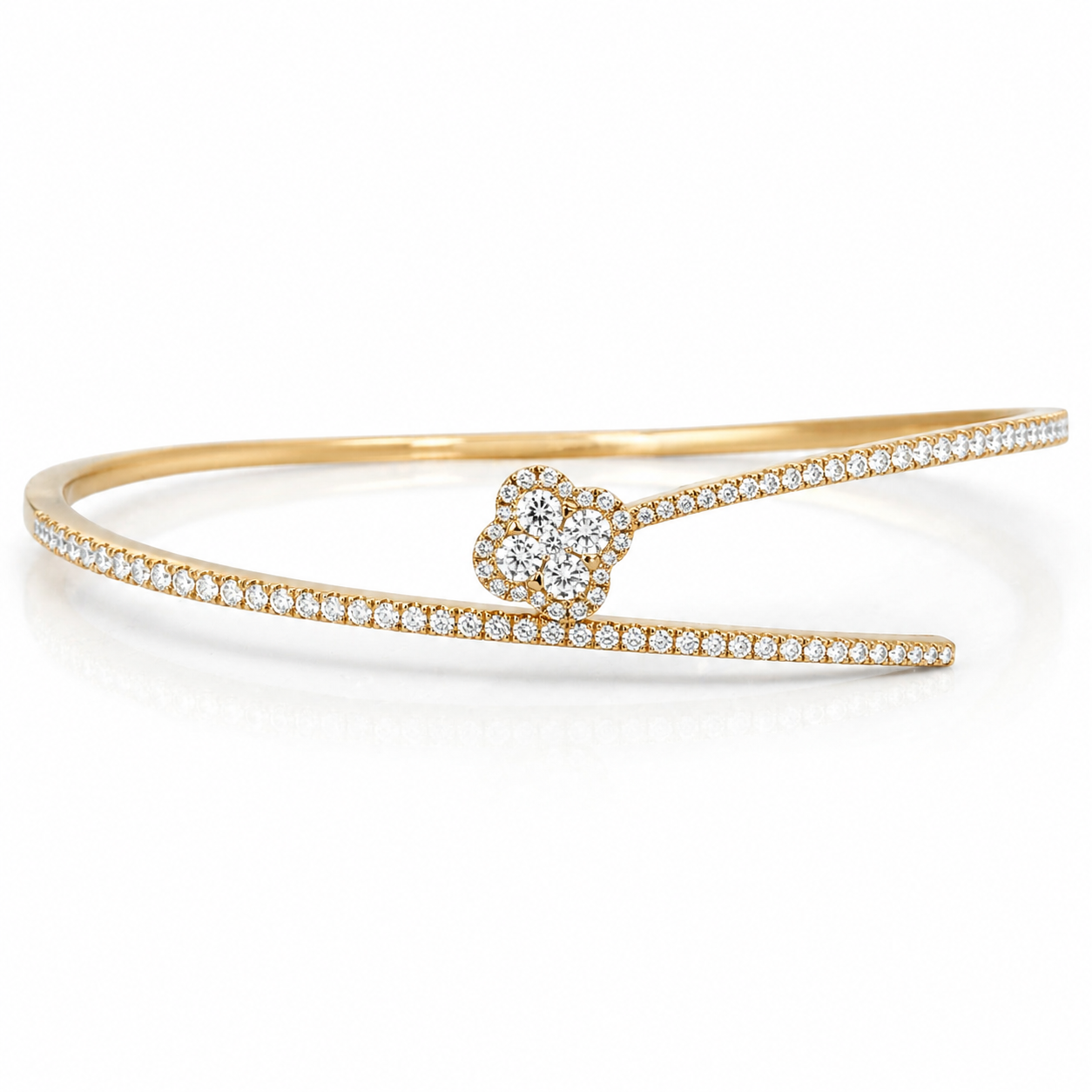 Yellow Gold Pave Diamond Clover Bypass Bangle