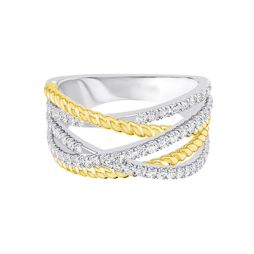 Two Tone Pave Diamond And Braided Gold Crossover Ring