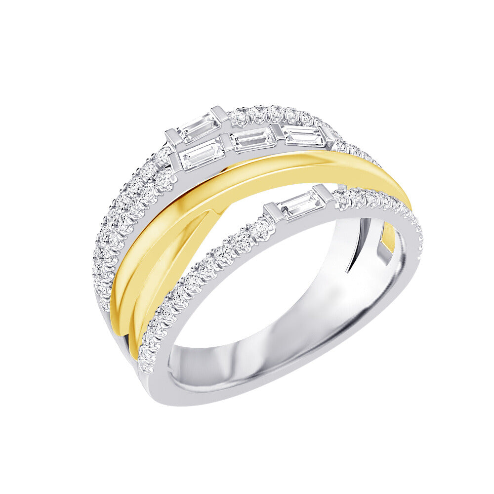 Two Tone Crossover Fashion Ring With Baguette And Round Pave Diamond Accents
