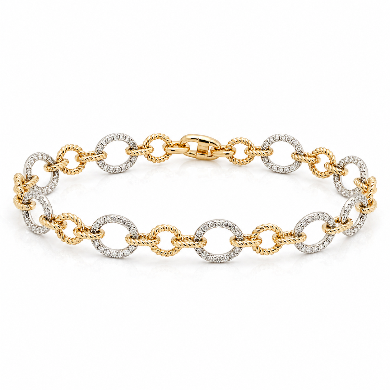 Yellow Gold Fancy Circle Bracelet With Pave Links