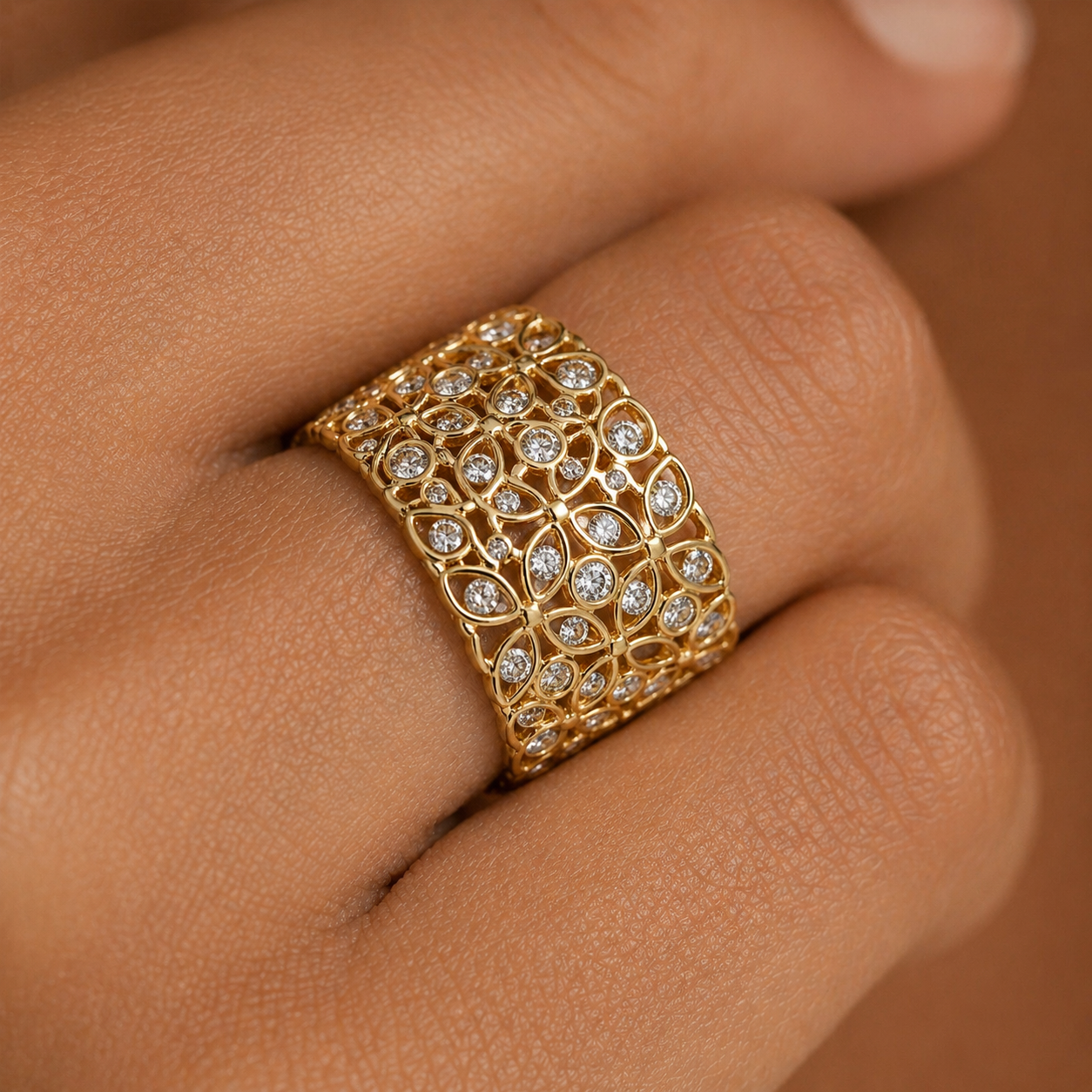 Yellow Gold Diamond Wide Statement Ring