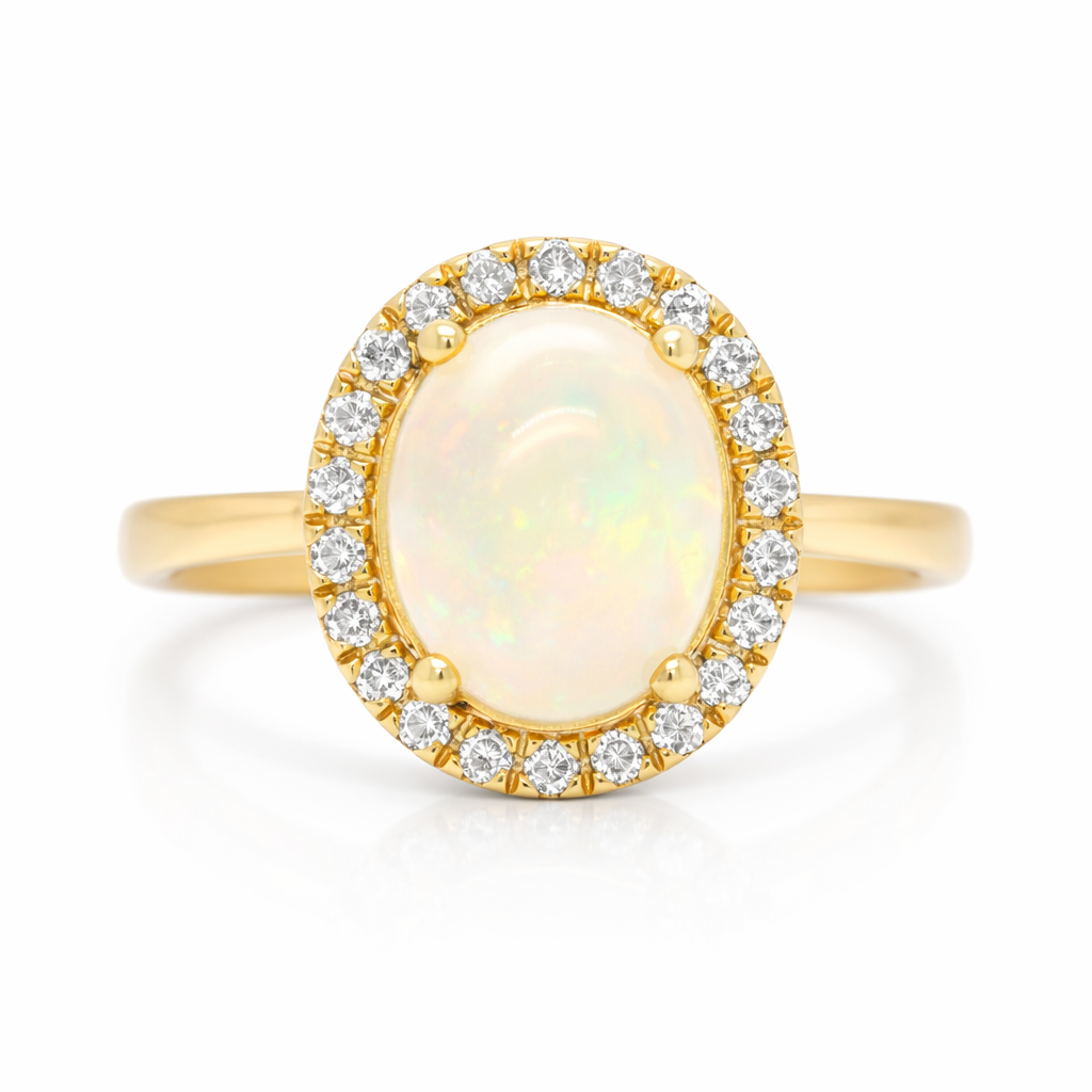 Yellow Gold Opal and Diamond Halo Ring