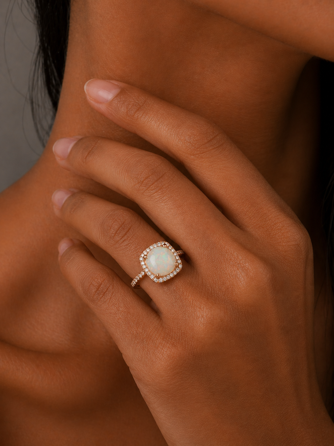 Rose Gold Cushion Cut Opal and Diamond Halo Ring