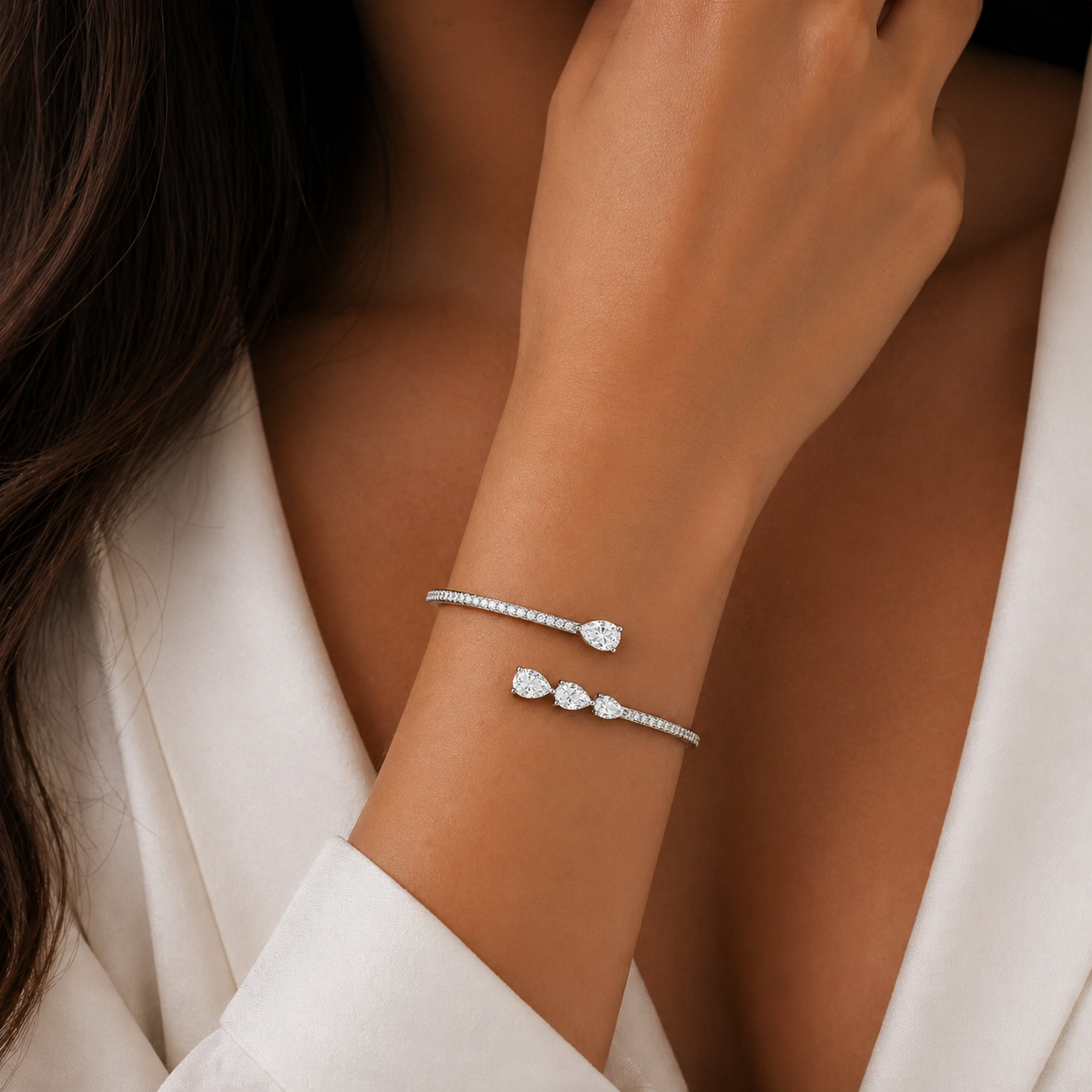 White Gold Bypass Cuff with Pear Diamonds and Pave Accents