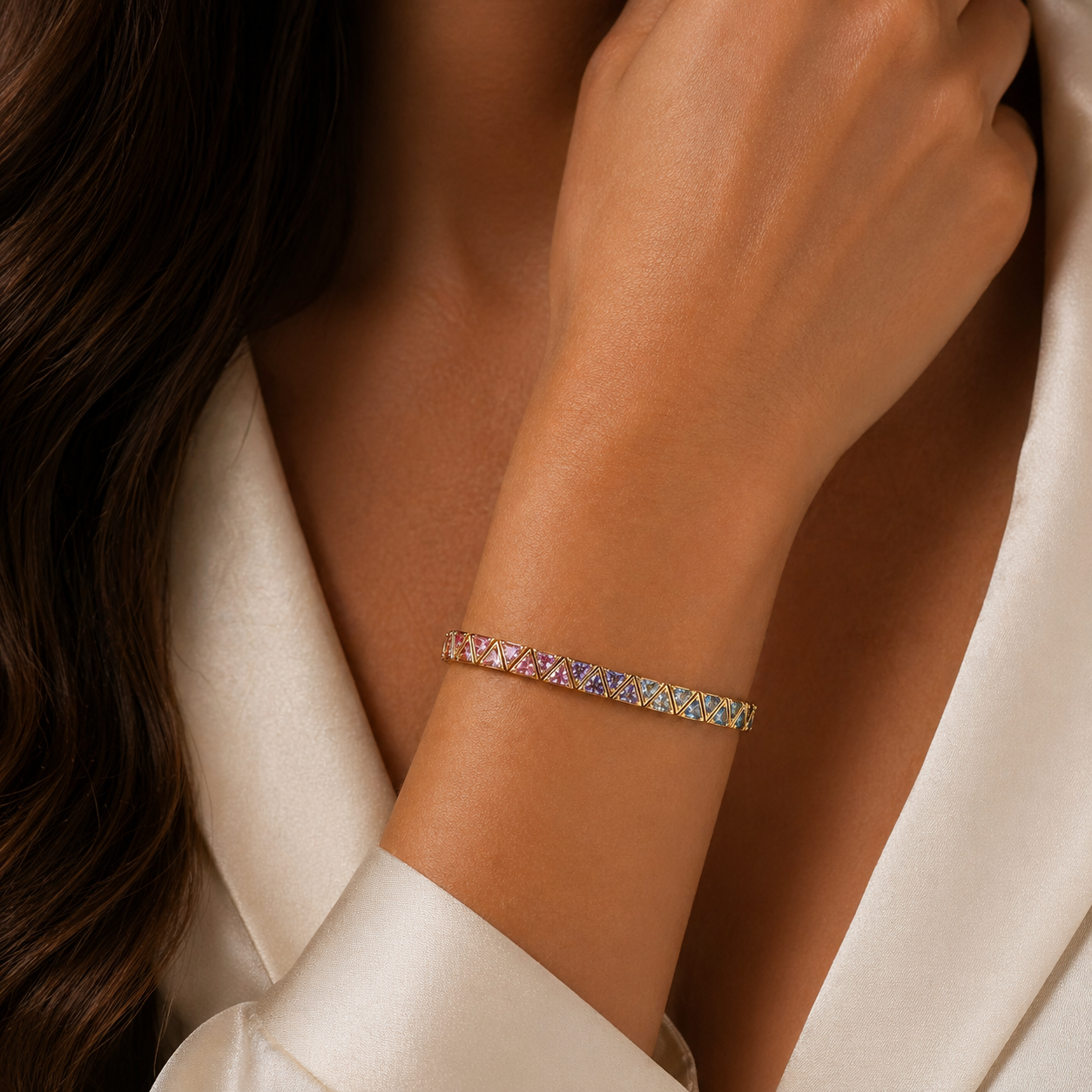 Yellow Gold Tennis Bracelet With Rainbow Colored Sapphires