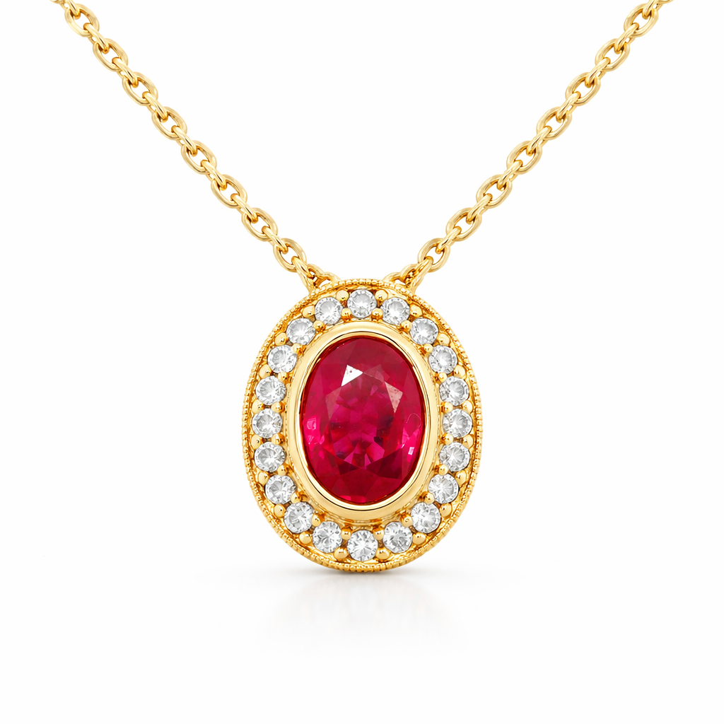 Yellow Gold Ruby and Diamond Halo Pendant