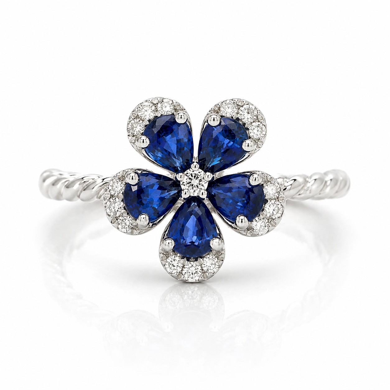 White Gold Sapphire and Diamond Flower Ring
