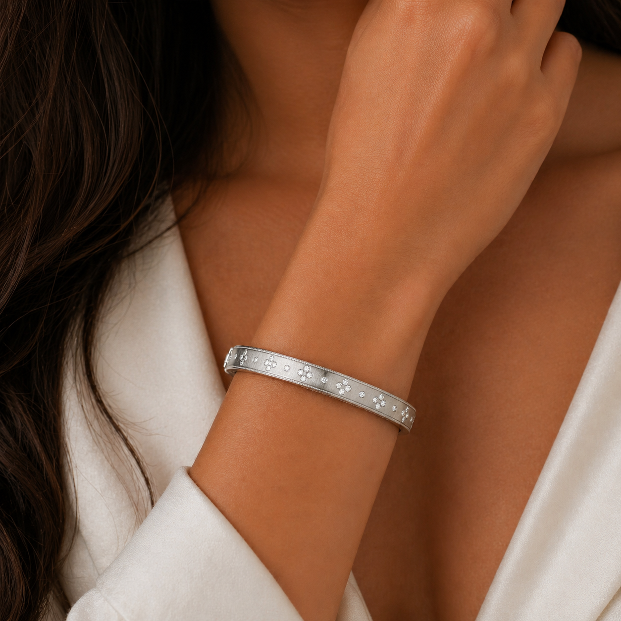 White Gold Square Bangle With Round Diamonds