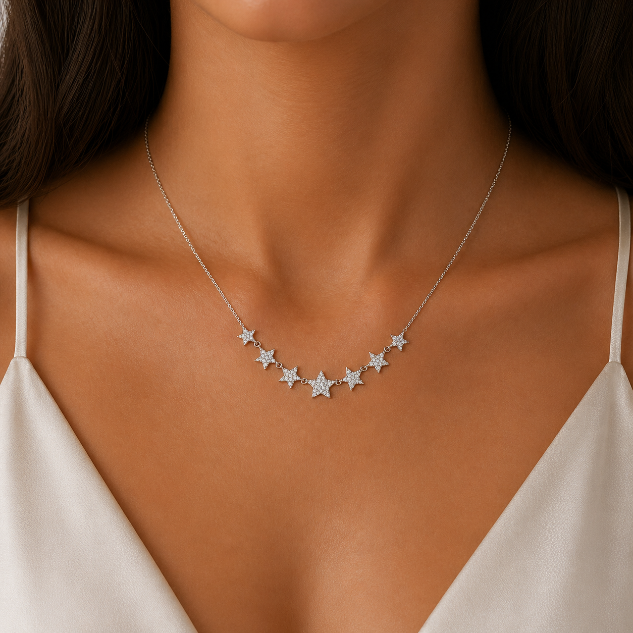 White Gold Graduating Stars Pave Diamond Necklace