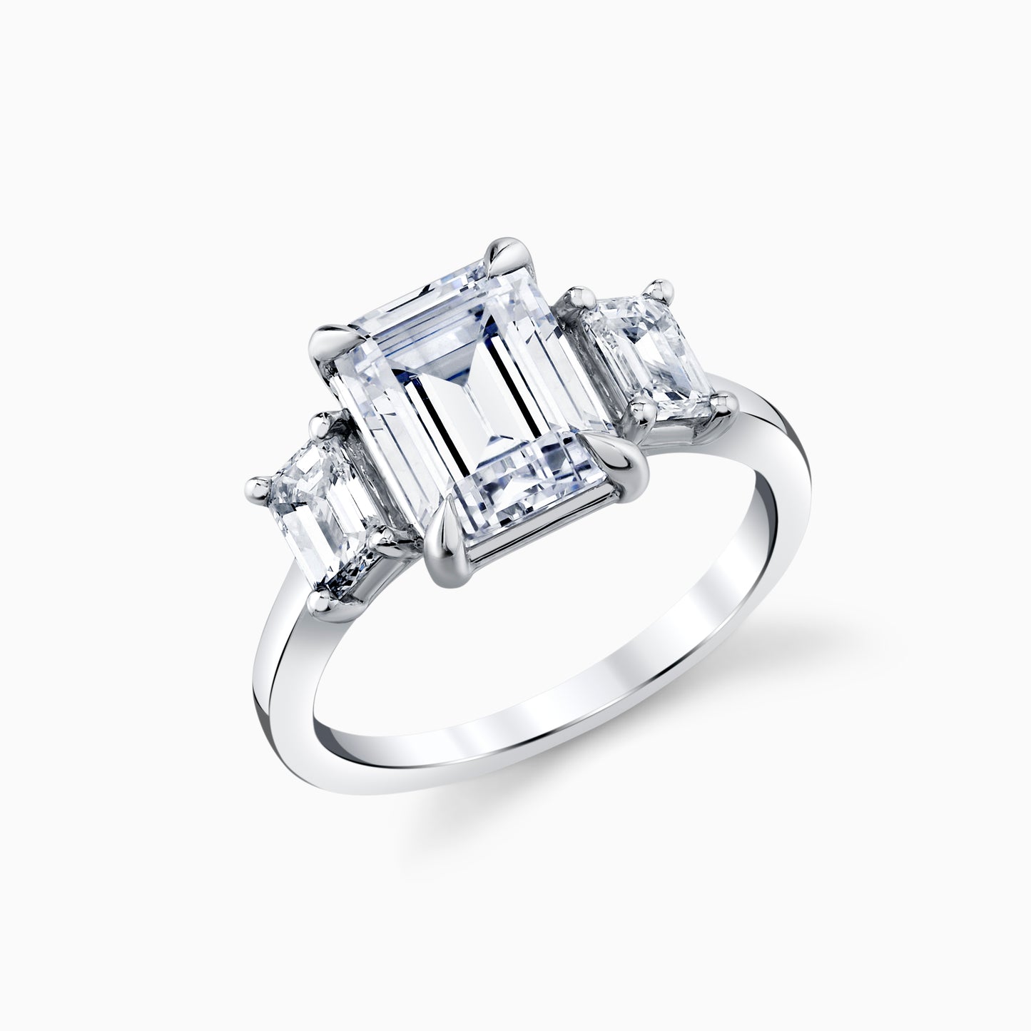 14K White Gold Emerald Cut Diamond Three Stone Engagement Ring