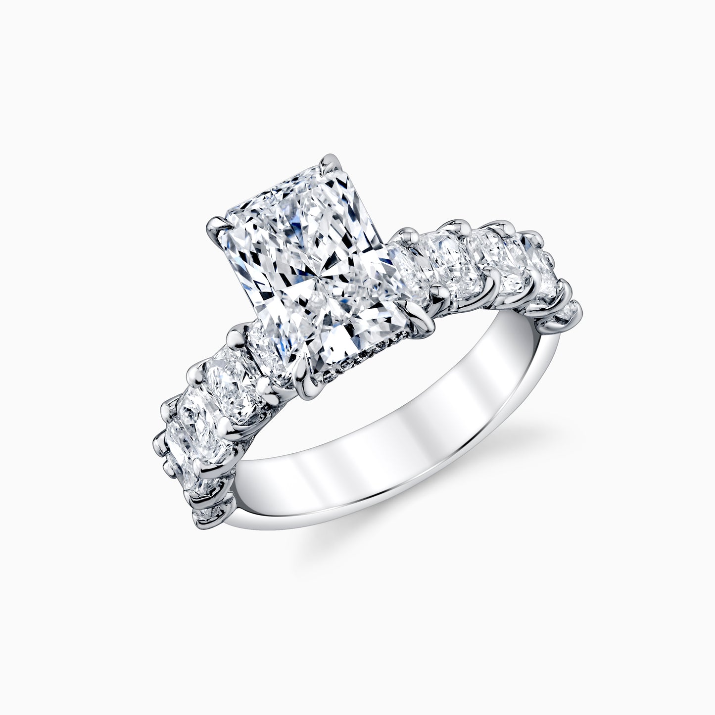 14K White Gold Radiant Cut Diamond Engagement Ring With Radiant Diamond Adorned Shank