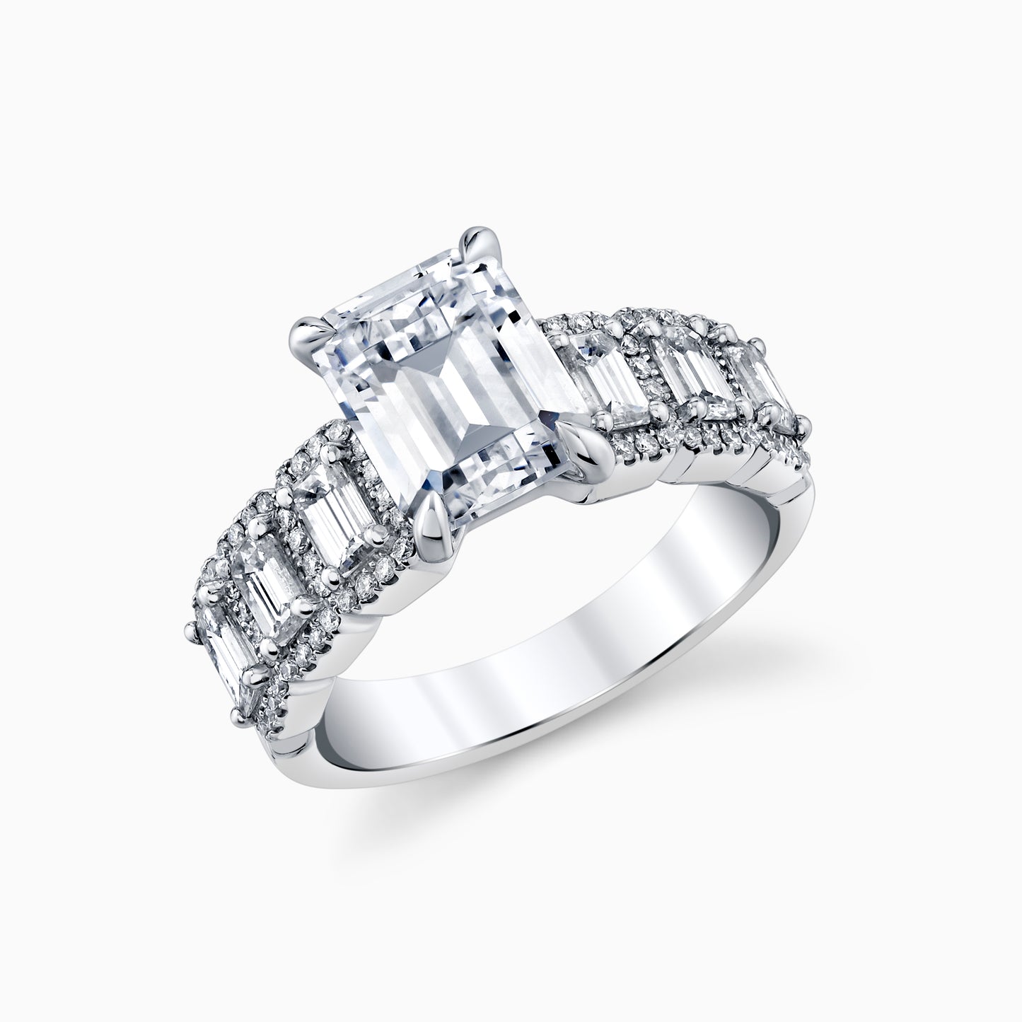 14K White Gold Emerald Cut Diamond Engagement Ring With Baguette & Halo Shank