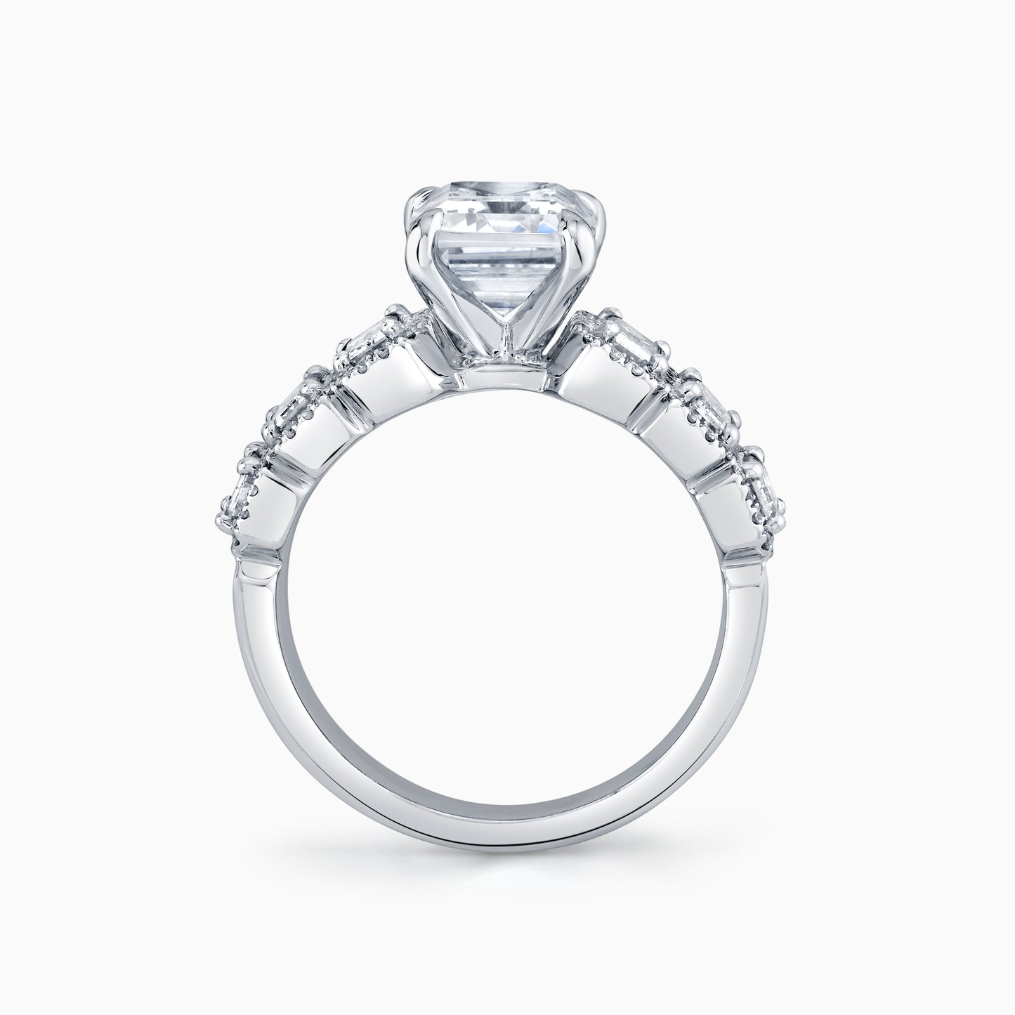 14K White Gold Emerald Cut Diamond Engagement Ring With Baguette & Halo Shank