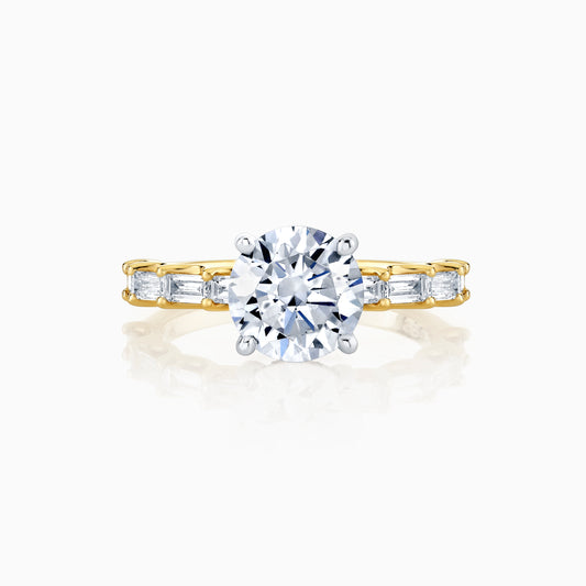 14K Yellow Gold Round Diamond Engagement Ring With U Prong Baguette Set Diamonds