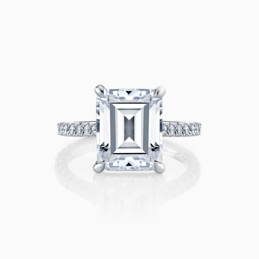 14K White Gold Emerald Cut Diamond Engagement Ring With French Pave