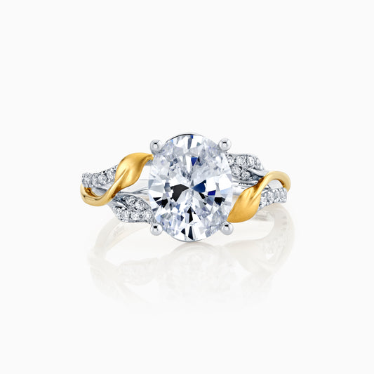 14K White & Yellow Gold Oval Diamond Nature Inspired Engagement Ring With Pave Accents