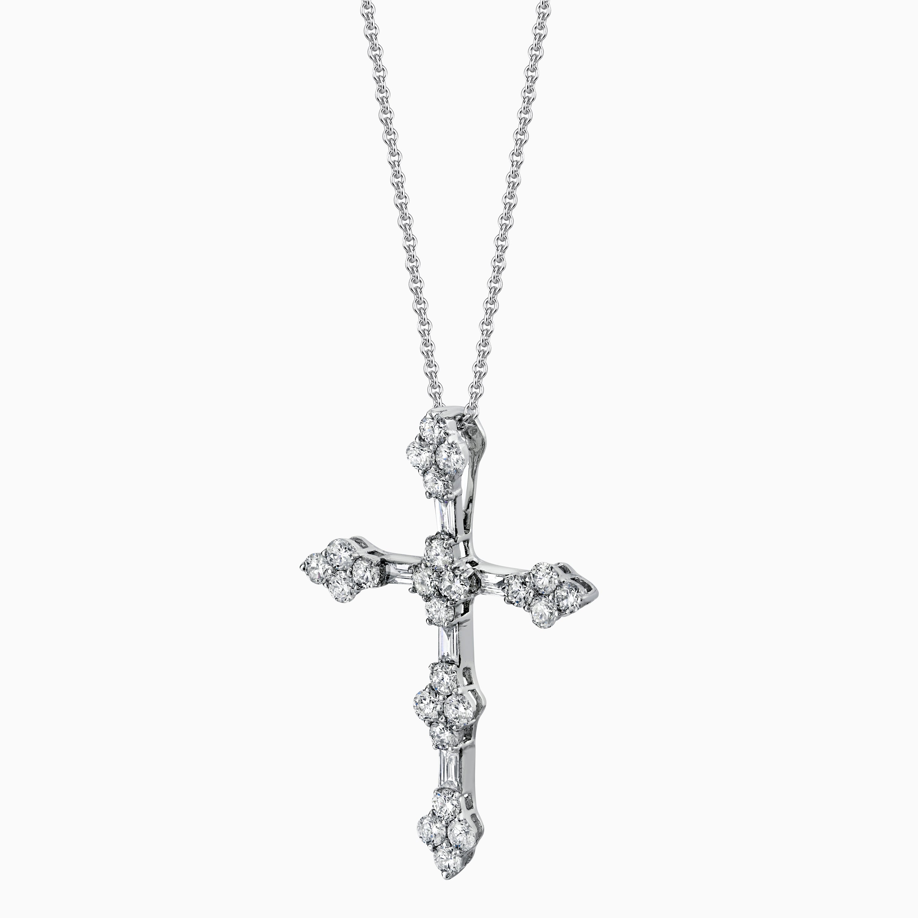 Round & Baguette Diamond Cross Necklace