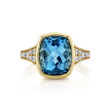 Blue Topaz Bezel Fashion Ring With Pave Diamond Accents