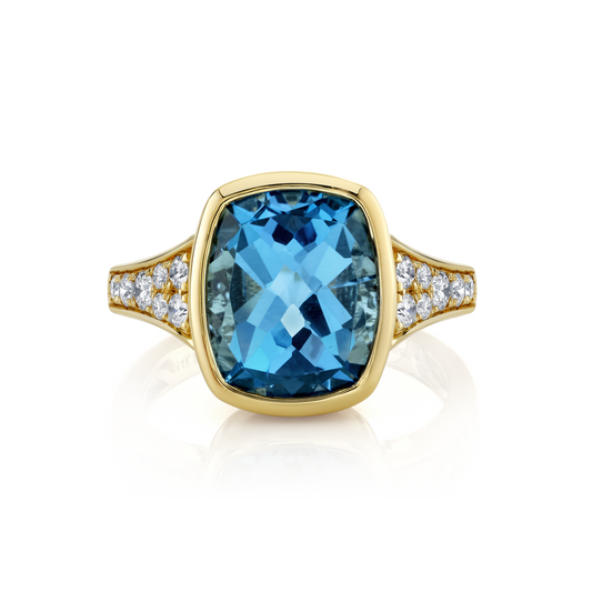 Blue Topaz Bezel Fashion Ring With Pave Diamond Accents