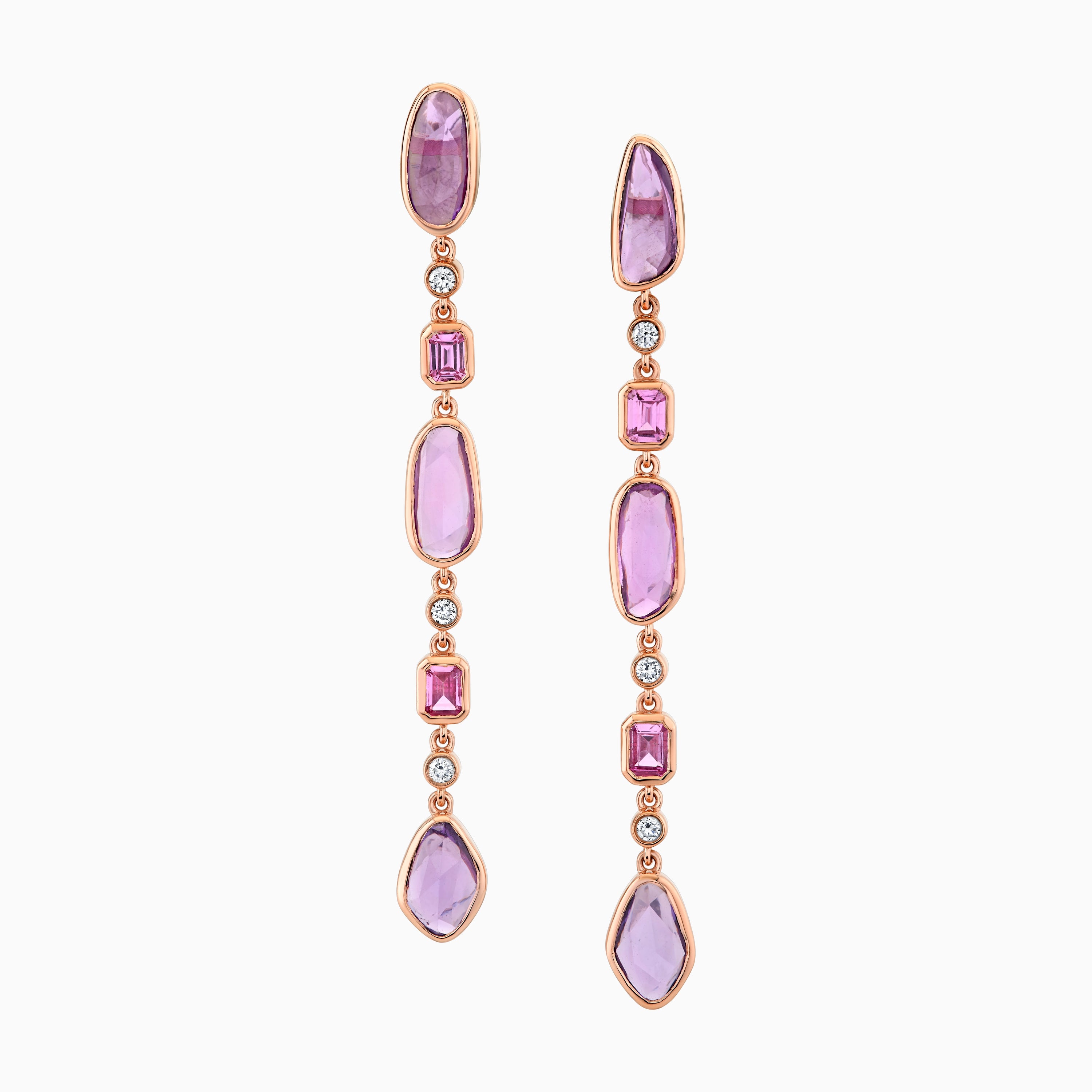 Rose Gold Dangle Earrings With Pink & Purple Sapphires