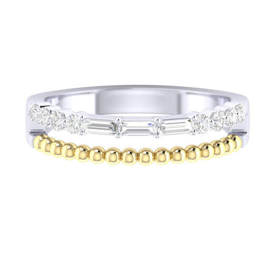 Beaded Two Tone Fashion Ring With Baguette And Round Diamond Accents