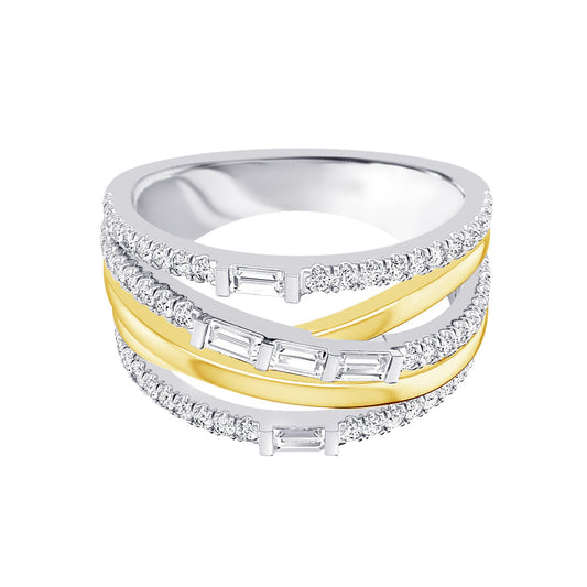 Two Tone Crossover Fashion Ring With Baguette And Round Pave Diamond Accents