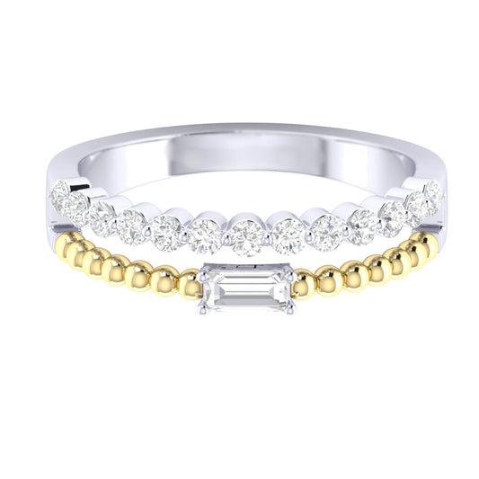 Beaded Two Tone Fashion Ring With Baguette And Shared Prong Round Diamonds