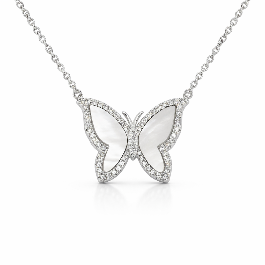 White Gold Mother of Peal and Diamond Butterfly Necklace