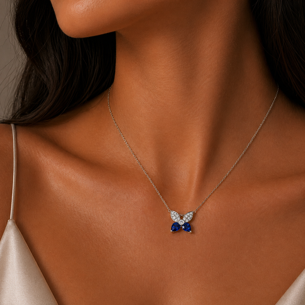 White Gold Sapphire and Diamond Butterfly Necklace