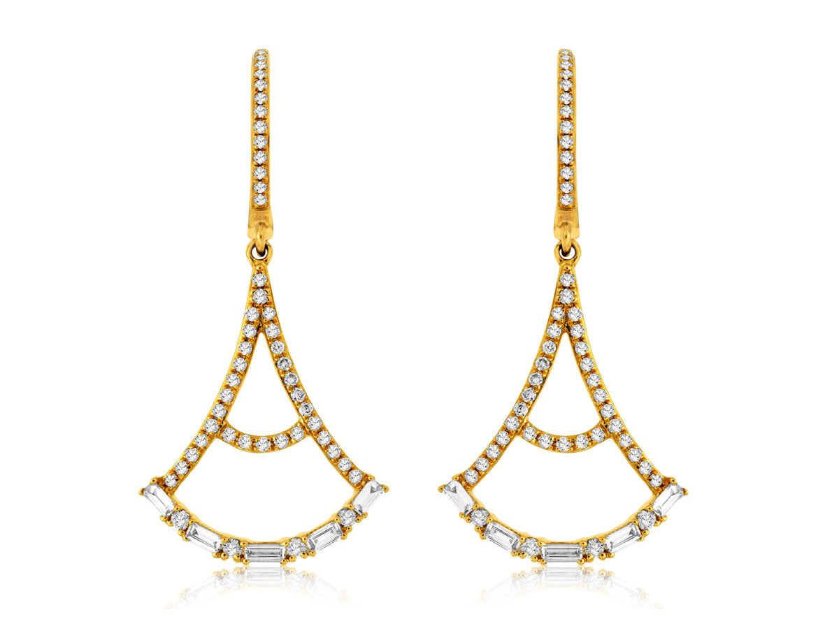 14K Yellow Gold Round Diamond & Baguette Dangle Earrings