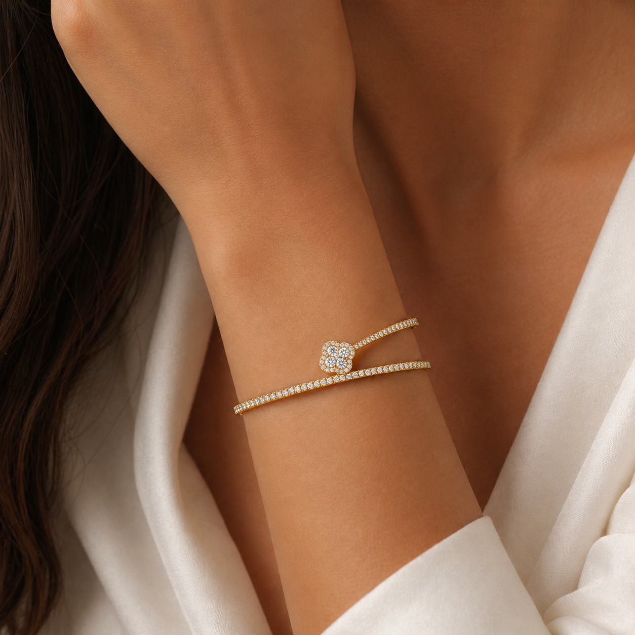 Yellow Gold Pave Diamond Clover Bypass Bangle