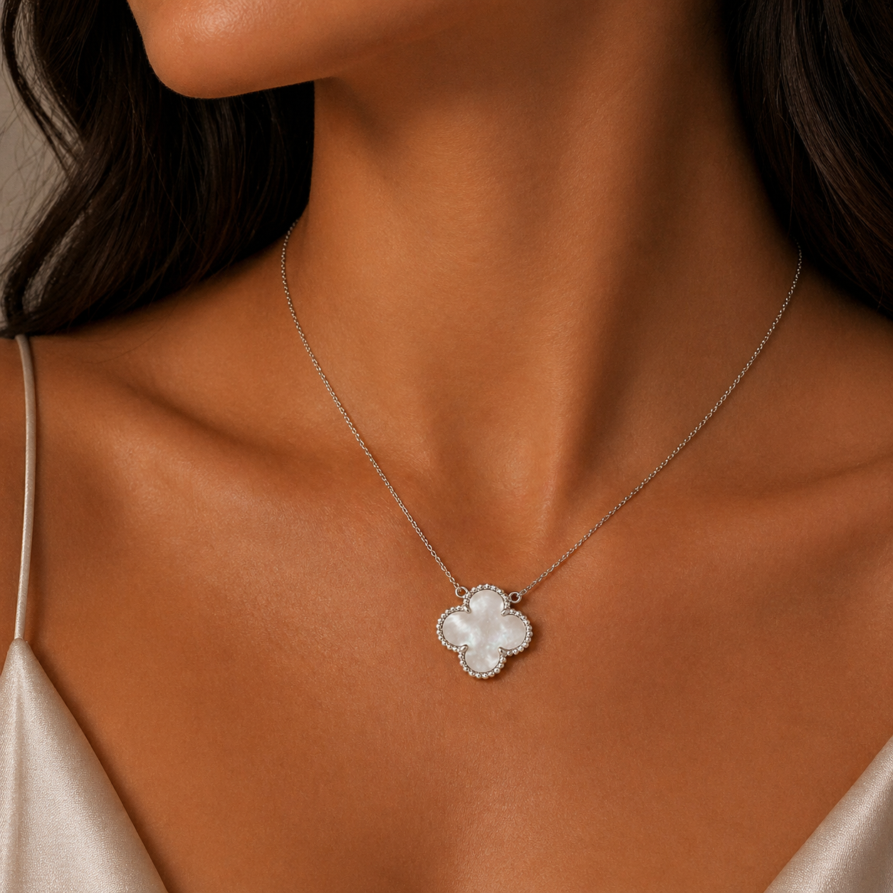 White Gold Mother of Pearl Clover Necklace