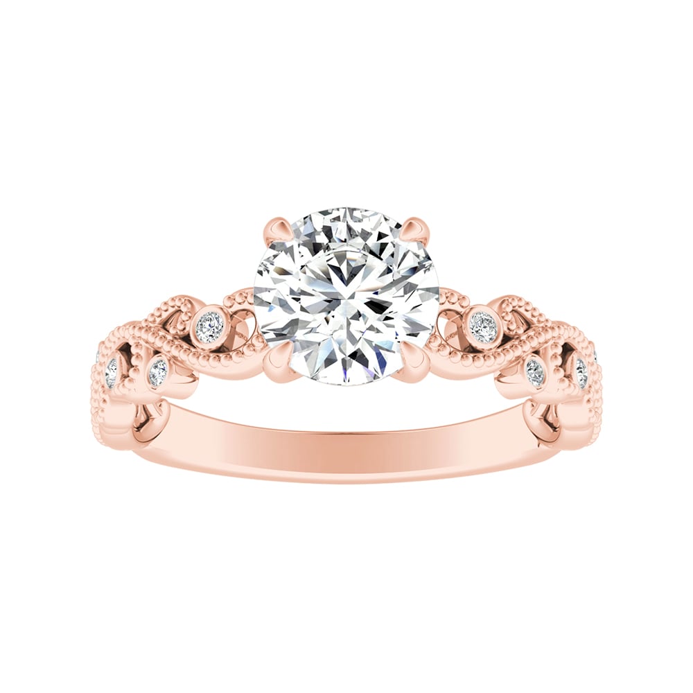 Round Diamond Vine Inspired Engagement Ring With Bezel Set Accents and Milgrain