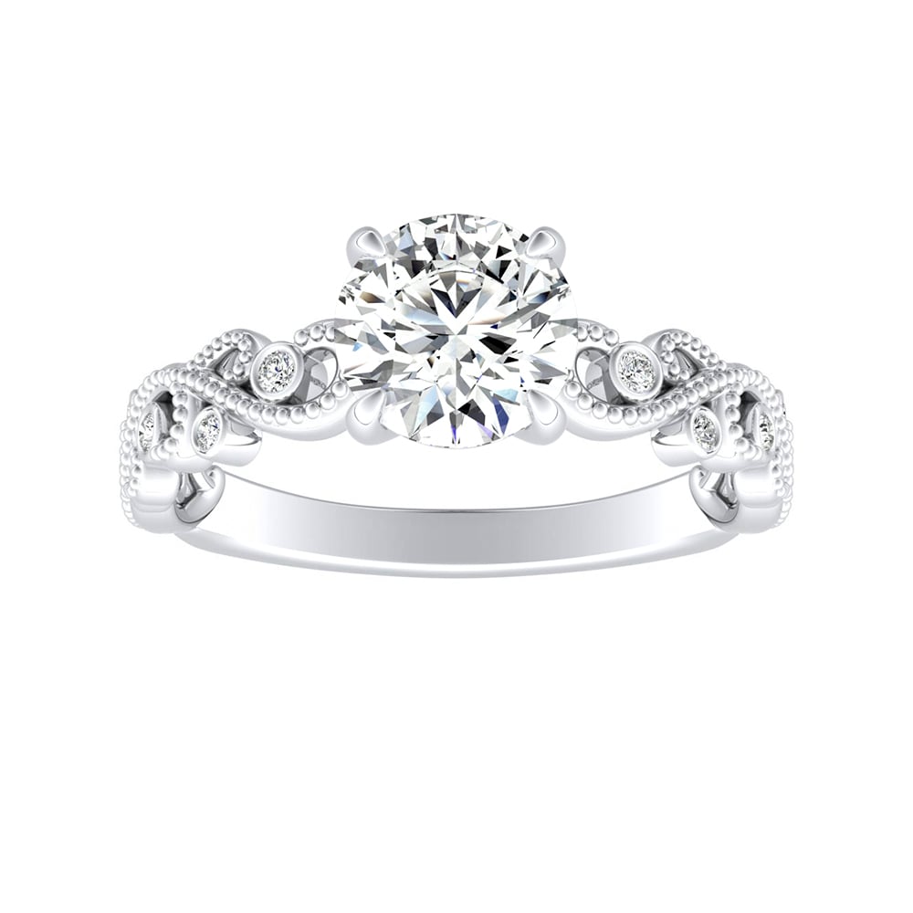 Round Diamond Vine Inspired Engagement Ring With Bezel Set Accents and Milgrain