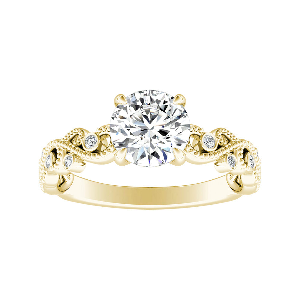 Round Diamond Vine Inspired Engagement Ring With Bezel Set Accents and Milgrain
