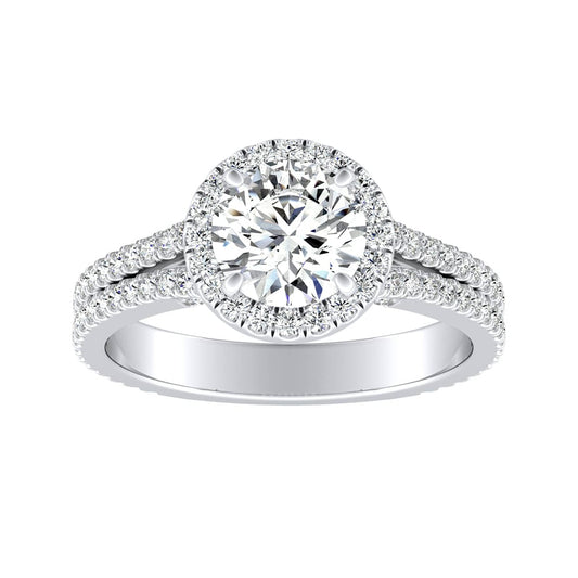 Round Diamond Halo Engagement Ring With Two Row Pave Accents